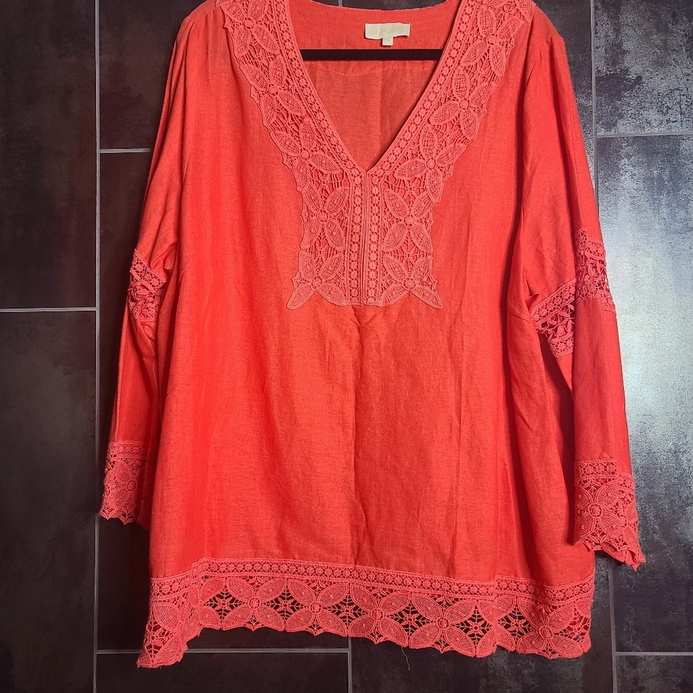 Lucy & Laurel Coral Orange Embroidered Tunic 2X